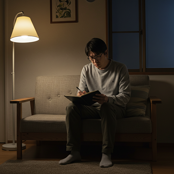 レンジ相場で負けが続き、悩みながらノートを見つめる日本人男性トレーダー（部屋のソファで考え込む姿）