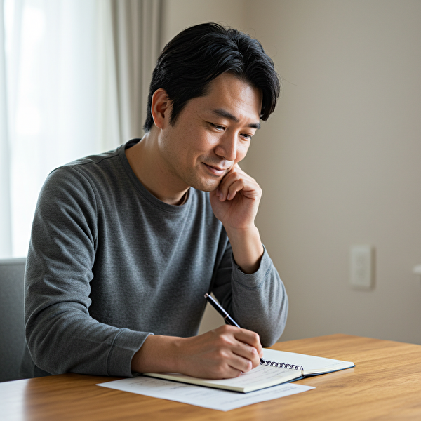 FXトレードの結果をノートに記録しながら振り返る中級者の日本人男性トレーダー（チャート非表示）