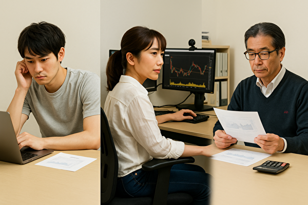 それぞれ異なる資金でトラリピ運用を行う日本人投資家3人の写真。左は10万円で学びながら運用する若手男性、中央は30万円で通貨分散に挑む中堅女性、右は100万円を堅実に管理するベテラン男性。