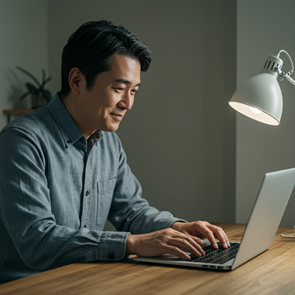 自宅の明るい書斎で、FXのチャートを見ながら安心した表情を浮かべる40代の日本人男性。自分に合った最強設定を見つけた達成感と安心感がにじむ様子。