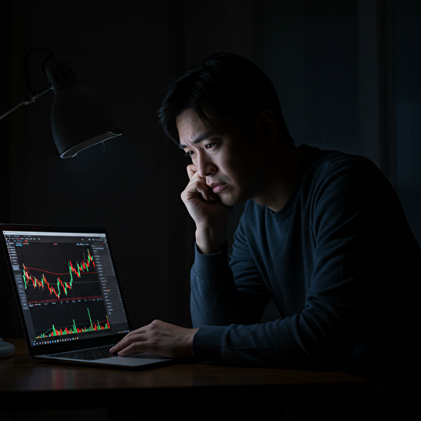 夜のデスクで、含み損に不安を感じながらチャートを見つめる30代の日本人男性。ノートパソコンの画面には赤いローソク足チャートが表示されており、損切りすべきか悩む真剣な表情が印象的。