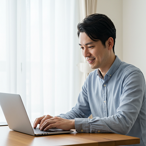 FXの証拠金維持率を理解し、安心して取引に臨む日本人男性。明るい表情でパソコンのチャートを見ながら自信を持って運用を続ける様子。