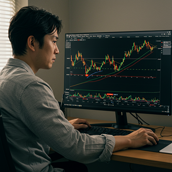 1pips・5pips・10pipsの損切り幅を比較しながら最適な戦略を真剣に分析する30代日本人男性トレーダーの自宅トレードシーン