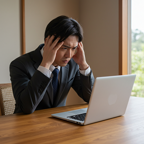 FXトレードの損切り判断に悩み、頭を抱える30代の日本人男性。自宅の静かな作業環境で真剣な表情を浮かべている