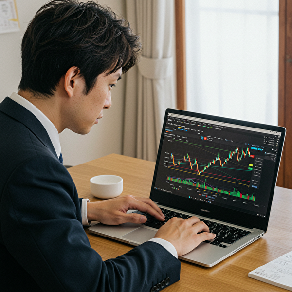 1pipsの狭い損切り幅でスキャルピングを成功させた日本人男性が、ノートパソコンのチャートを冷静に確認しているシーン。エントリーポイントと損切りラインが明確に表示されている
