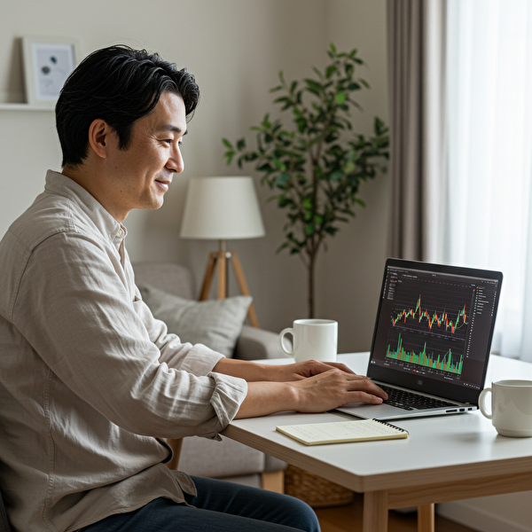 自宅の明るいデスクで、安定したチャートを見ながら安心した表情を浮かべる40代の日本人男性。トラリピ再出発時の希望を象徴するイメージ。