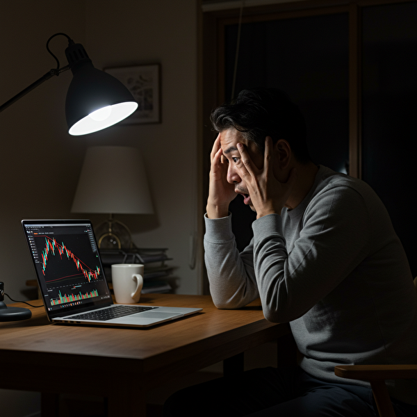 自宅の夜のデスクで、急落するFXチャートを見てショックを受ける40代の日本人男性。トラリピで50万円の損失を出した直後の場面をリアルに描写。