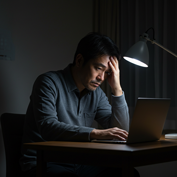 鈴式トラリピの含み損に悩み、自宅のデスクで思い詰めた表情を浮かべている40代の日本人男性。