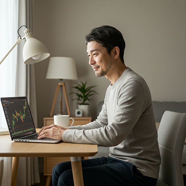 鈴式トラリピから安全設定に切り替え、安心して再出発した40代の日本人男性が穏やかな表情でパソコン画面を見つめている様子。