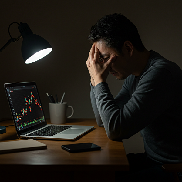 含み損でトラリピを撤退した直後、損失のショックで頭を抱えて悩み込む40代の日本人男性トレーダー。