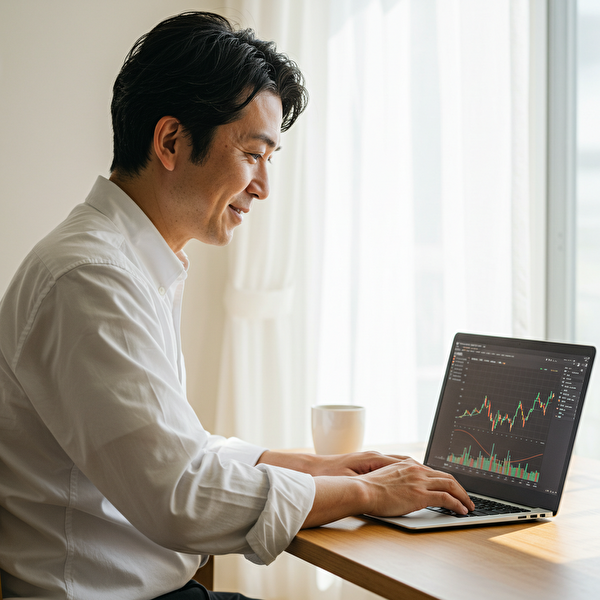 40代後半の日本人男性が日差しの差し込む明るい部屋でノートパソコンのFXチャートを見ながら、トラリピ運用の決断に前向きな表情を見せている様子。