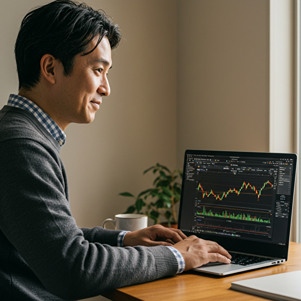 高スワップ通貨で不労収益を目指す40代の日本人男性が、自宅デスクでFXチャートを見ながらトラリピせま得の戦略を検討している様子