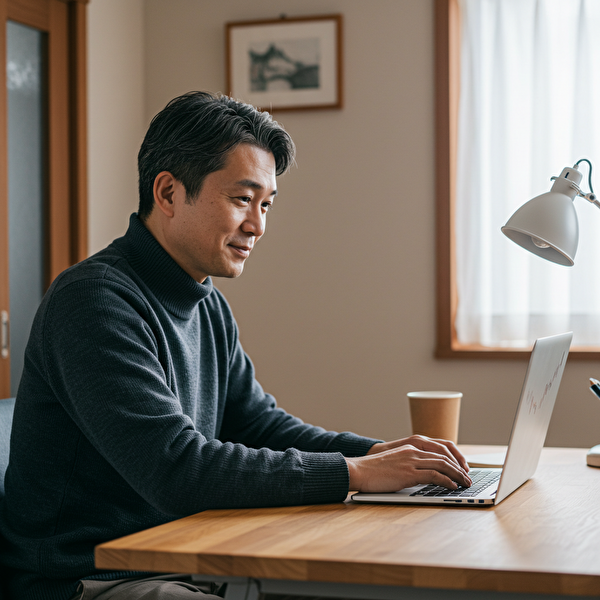 40代の日本人男性が自宅の書斎でノートPCのチャート画面を見ながら、トラリピせま得の運用を前向きに検討している様子。