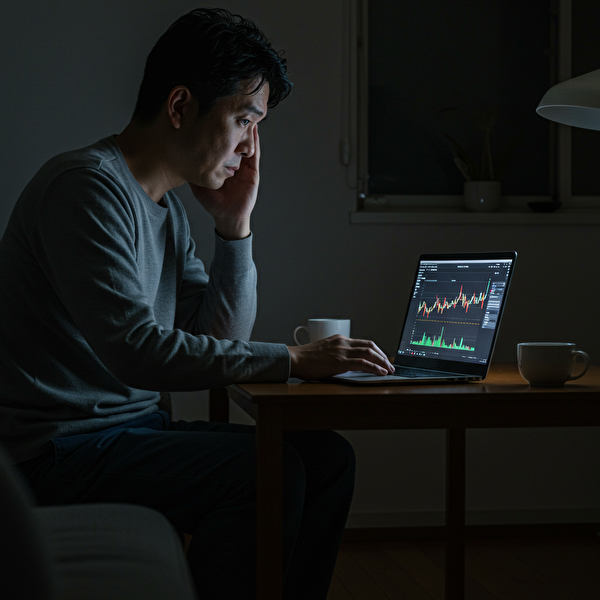 夜の自宅でスワップ収益のFXチャートを見つめ、不安そうな表情を浮かべる40代の日本人男性