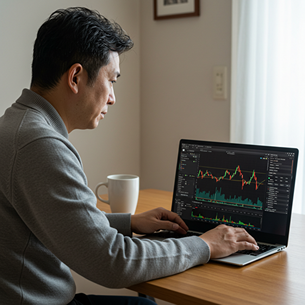 昼間の自宅デスクで、リスク管理とトラリピ設定の見直し作業に集中する40代の日本人男性