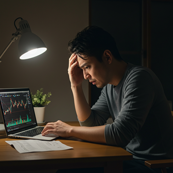 薄暗い部屋でチャート画面を見つめ、不安そうに頭を抱える30代の日本人男性。トラリピで損をしているかもしれないという焦りが伝わる表情。