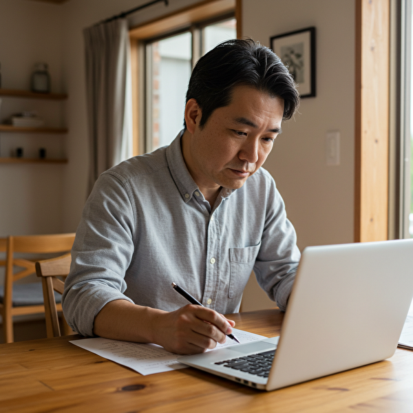 40代の日本人男性が自宅のデスクで、FX取引のコストを真剣に確認している様子。ノートパソコンとメモ帳を使い、冷静に判断している姿。