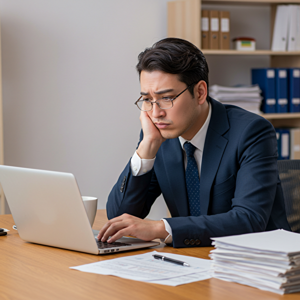 トラリピの低コスト設定にこだわりすぎた結果、相場に合わず損失が出た日本人男性投資家のイラスト。過信のリスクを警告する場面。