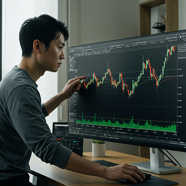 鋭い視線の30代日本人男性が、モニターに表示された狭いレンジのトラリピチャートを見つめながら、効率的に設定を最適化している様子（あっきんさん風イメージ）。