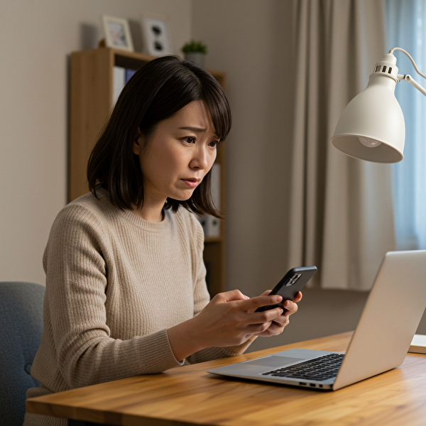 SNSでのあっきんに関する評判や噂をスマホで確認しながら、トラリピ運用の真実を冷静に見極めようとする30代日本人女性の様子。疑問と不安を抱えながらも慎重に判断しようとしている。