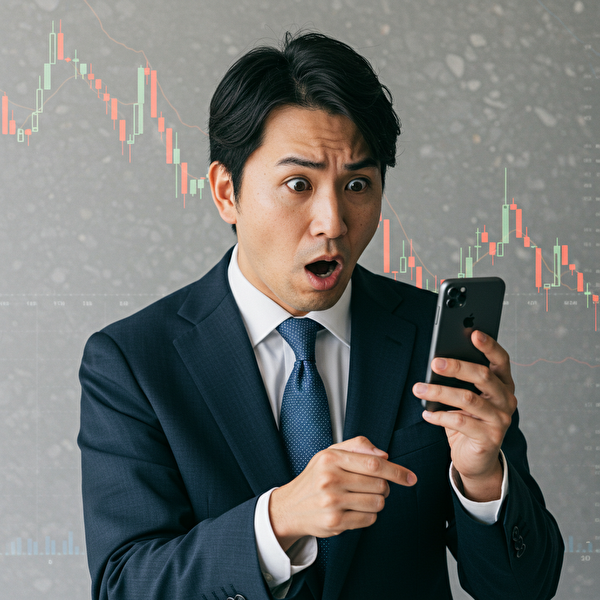 トラリピでロスカット通知を見て困惑しているスーツ姿の男性のイメージ