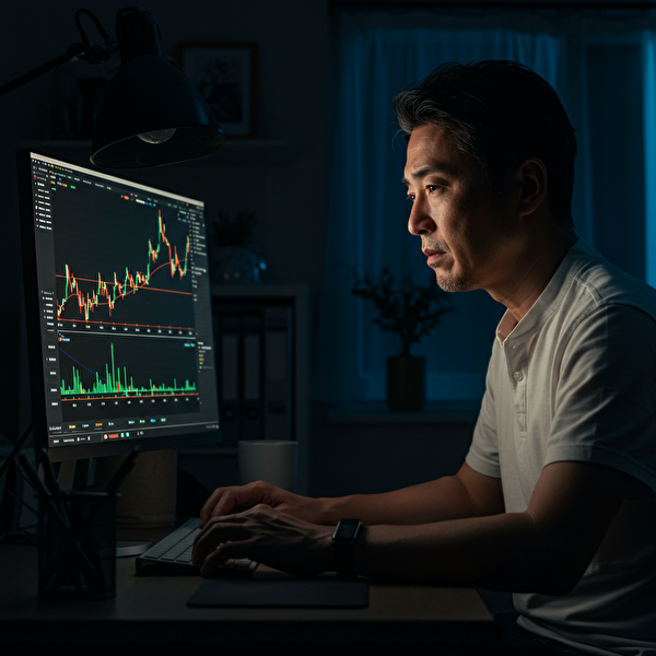 ADXチャートを真剣な表情で見つめる日本人トレーダー｜勝てない焦りと希望の中で再起を図るFX初心者