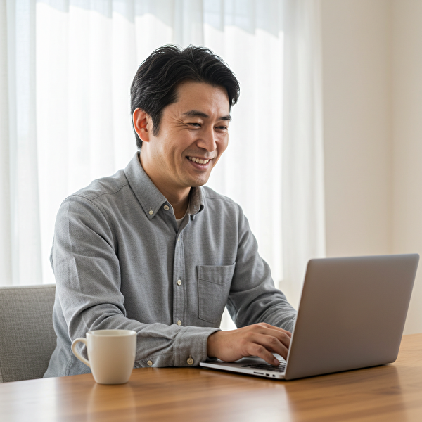 30万円の資金でトラリピ運用計画を立て、不安を解消した日本人男性。安心した表情でチャートを見つめ、運用開始に踏み出す直前の様子。