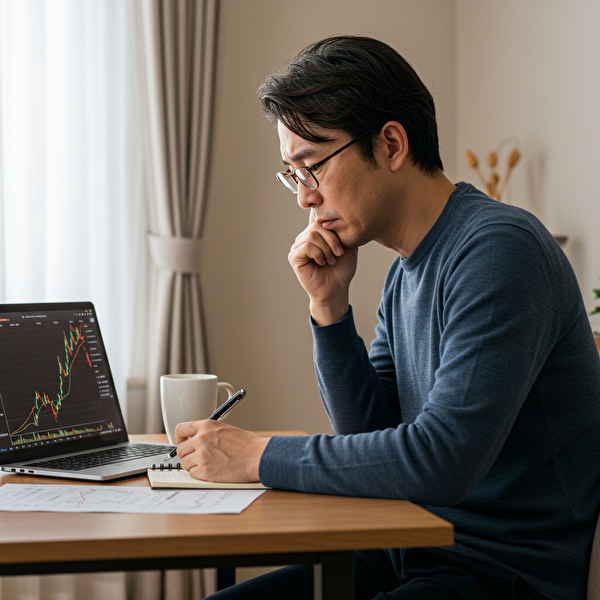 通貨ペアの組み合わせに悩みながらも戦略を立てている初心者トレーダー(30代〜40代日本人)がチャートを見つめている様子
