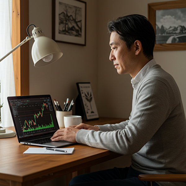 トラリピの運用シミュレーションを確認する日本人男性。年利や資産の増え方を真剣に見つめる様子を自然に表現。