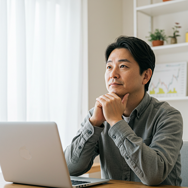 トレードスタイルに固執せず、冷静に環境に応じた戦略を考える日本人男性トレーダーのイメージ