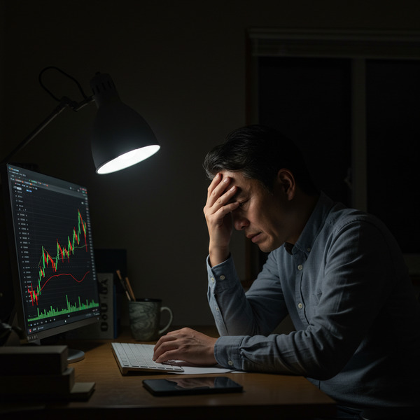 損切りできずに含み損に悩む日本人男性トレーダー。チャートの赤い下落ローソク足を前に、後悔と迷いが入り混じった表情で頭を抱えている様子。