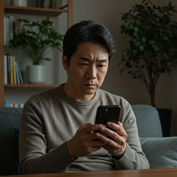 トラリピの手動運用を始めようか悩んでいる日本人男性が、室内でスマホを見つめながら真剣に考えている様子。やさしい照明と観葉植物に囲まれた空間で、不安と向き合う初心者トレーダーの姿。