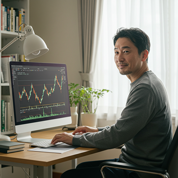 トラリピ運用で成果を上げた日本人男性が、落ち着いた表情でパソコン画面のチャートを確認している様子。整った室内で安心感のある雰囲気に包まれ、前向きに運用を続ける姿。