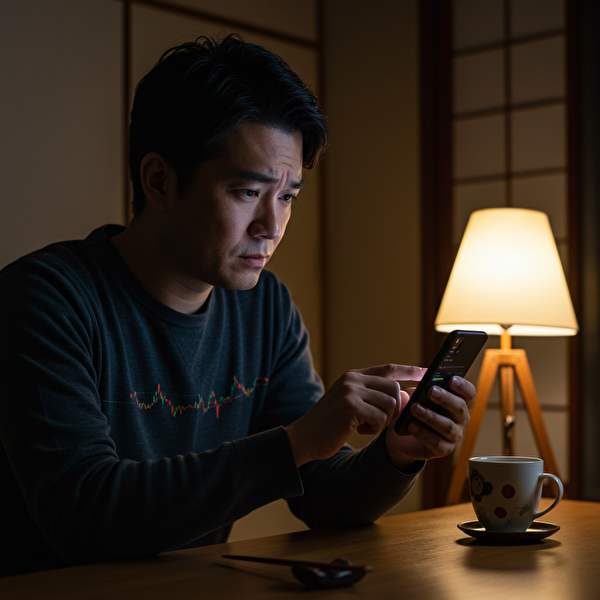 夜、自宅でスマホ画面のトレードチャートを真剣な表情で確認する日本人男性。ポジションが残っていることに不安を感じている様子。