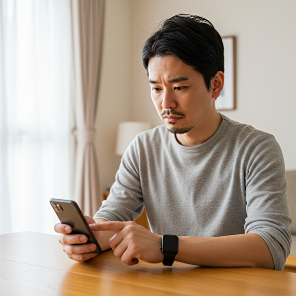 トラリピの設定を重要発表前に一時停止しようと、スマホで確認している日本人男性