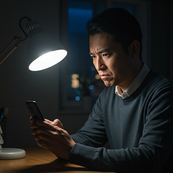 スマホでトラリピの注文状況を確認し、「なぜ決済されないのか？」と困惑する日本人男性のイメージ。価格が注文レートに届かず、決済されない状況を表現。