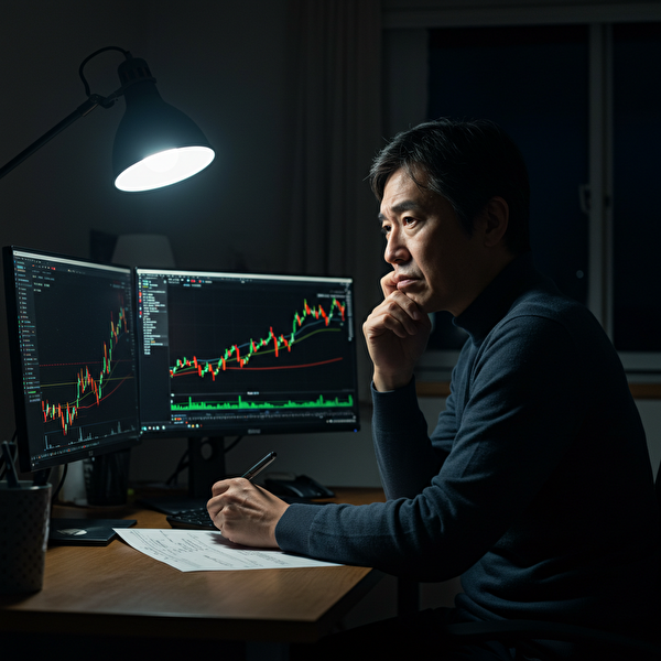 40代の日本人男性がRSIとRCIを見比べながらチャートを真剣に分析している様子(夜の副業トレードシーン)