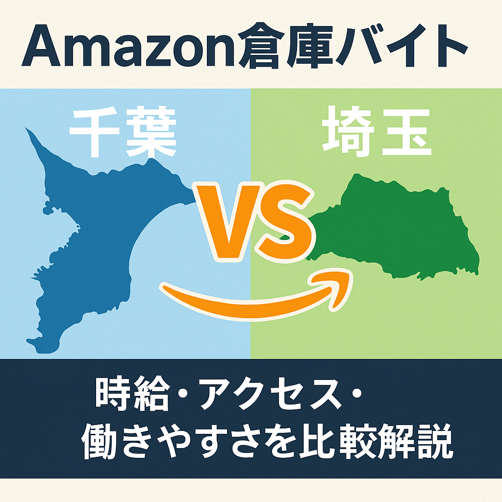 Amazon倉庫バイト比較のアイキャッチ画像:千葉と埼玉の地図シルエットを左右に配置し、中央に大きく「VS」。時給・アクセス・働きやすさを比較する解説記事用デザイン