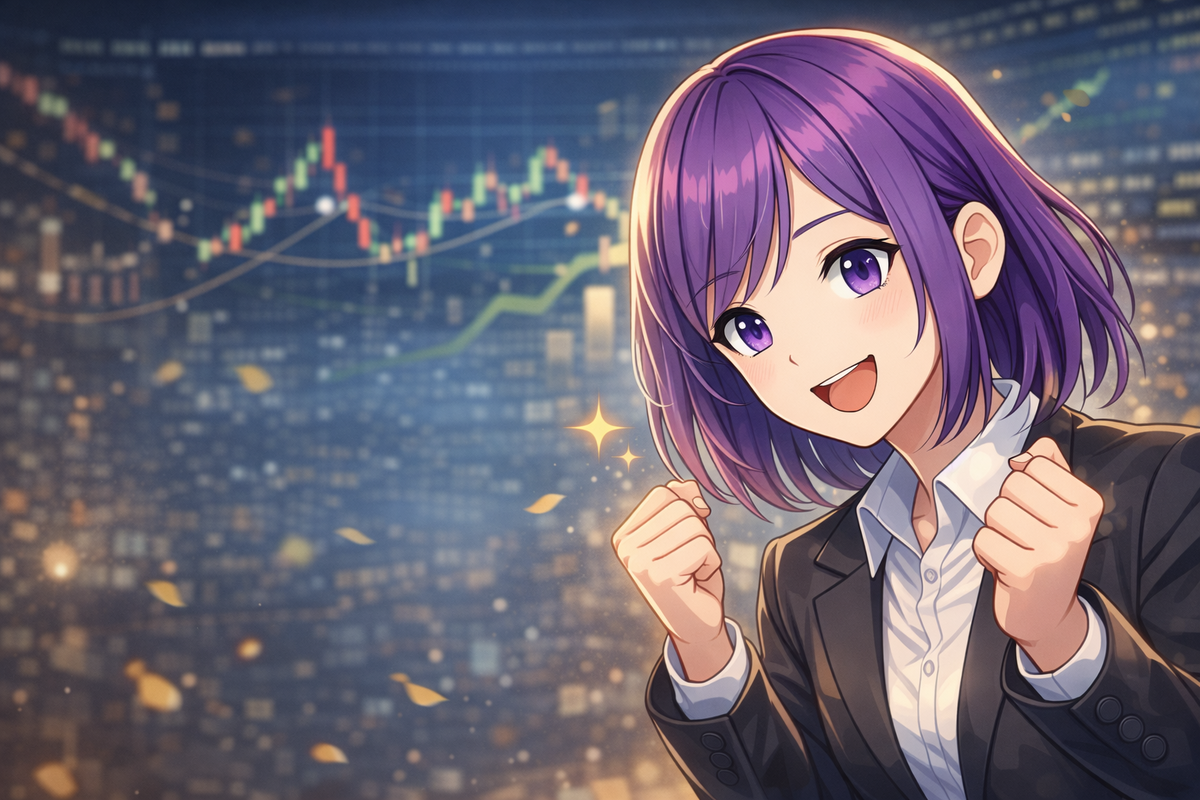 紡が優しく微笑みながら読者を応援しているイラスト。成功を目指すトレーダーの心を支える存在として、信頼感を演出する。