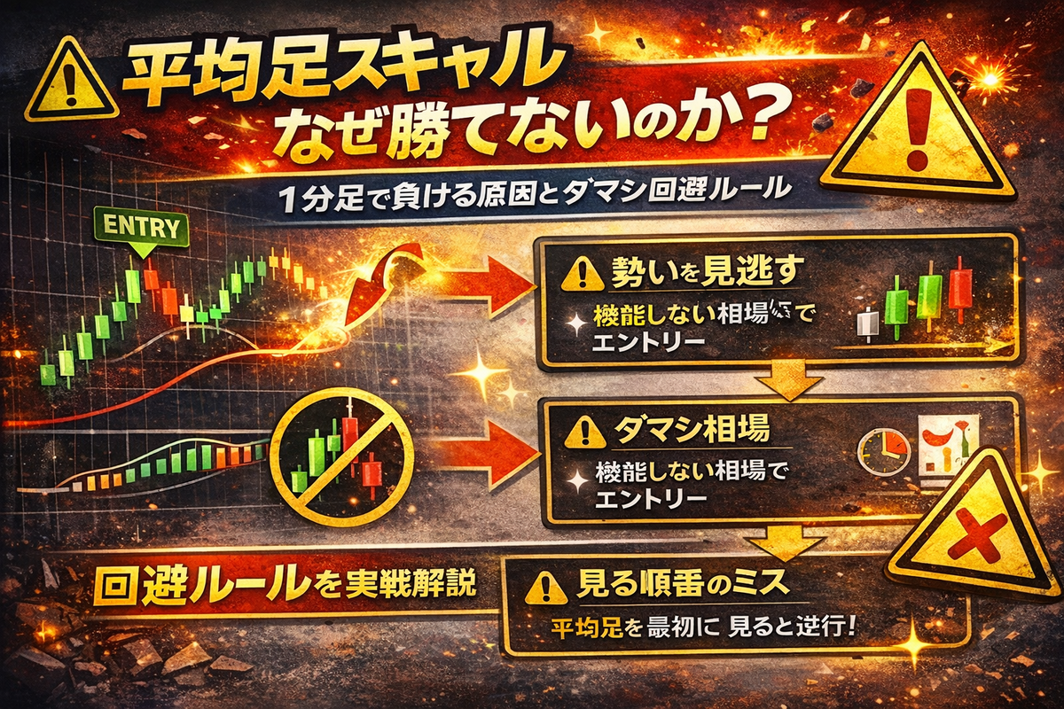 平均足スキャルピングで勝てない原因とダマシを回避する判断フローを示した図解。1分足取引における失敗パターンと対策を分かりやすく整理