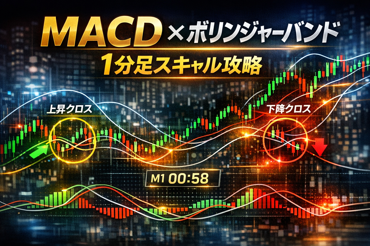"MACD×ボリンジャーバンド併用|1分足スキャルピングの設定と手法(6-19-9/期間10・SD2.0)"