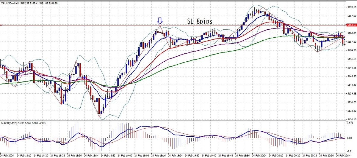 ゴールド（XAUUSD）1分足チャートの損切り幅8pipsの例