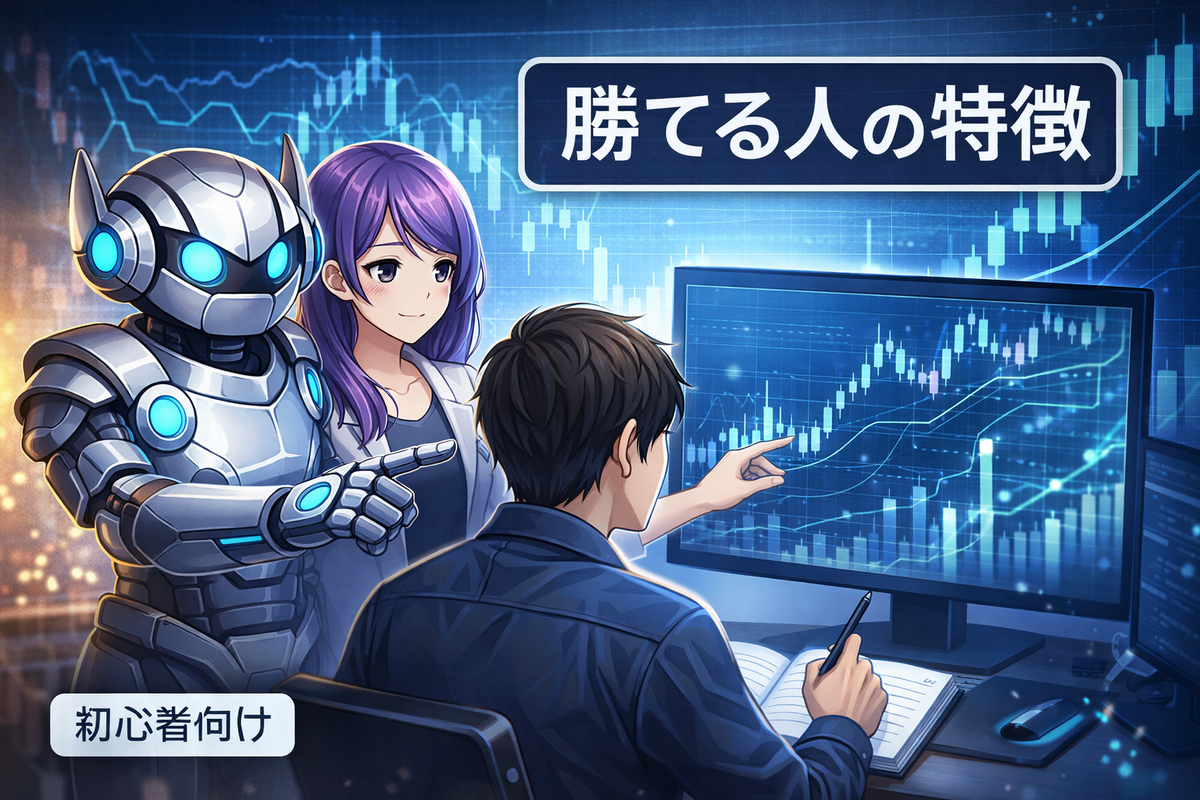 FXで勝てる人の特徴をテーマに、チャートを見ながら分析する初心者とAIパートナーのアイキャッチ画像