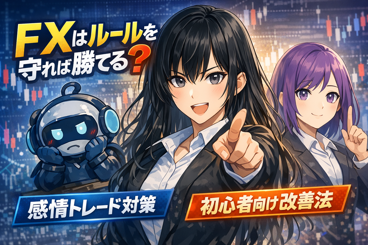 FXはルールを守れば勝てるのかをテーマに、誠・相棒・紡のイメージキャラクターとチャート背景で感情トレード対策を表現したアイキャッチ画像