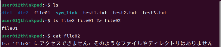 標準エラー出力のリダイレクト実行例