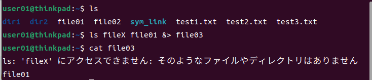 標準出力と標準エラー出力のリダイレクト実行例