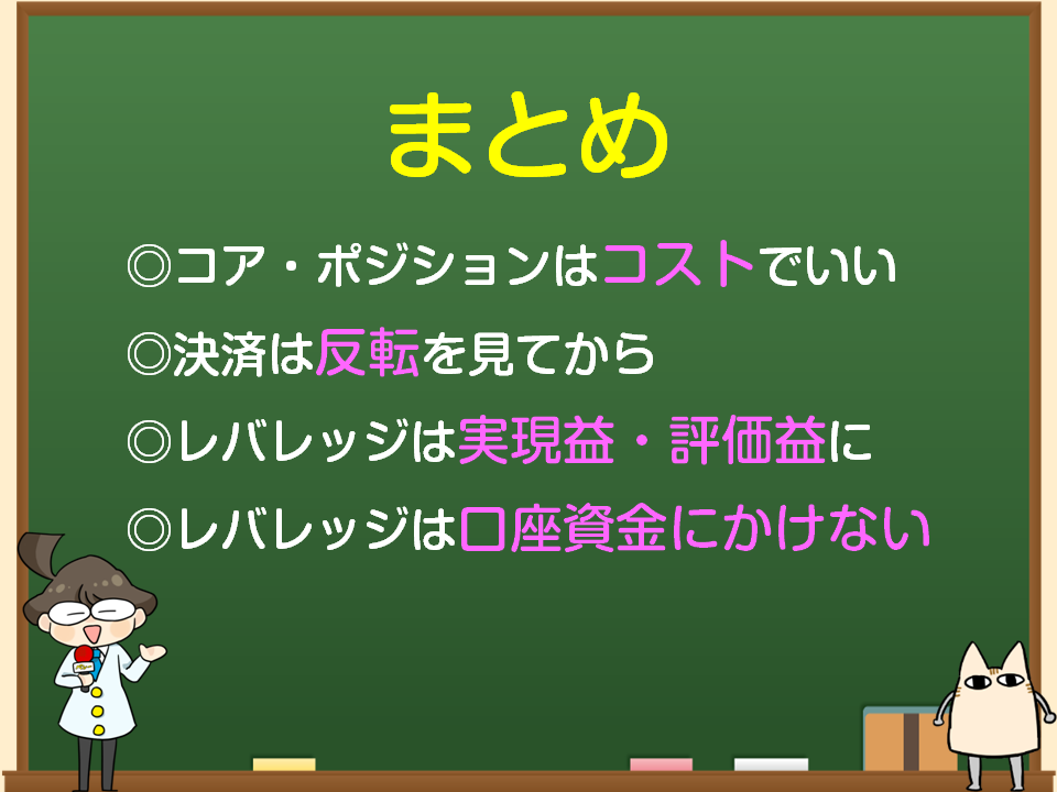 f:id:gaitamesk:20201023170509p:plain ◎コア・ポジションはコストでいい
◎決済は反転を見てから
◎レバレッジは実現益・評価益に
◎レバレッジは口座資金にかけない