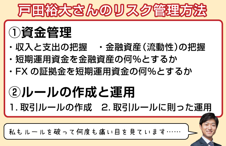 戸田裕大さんのリスク管理方法①資金管理・収入と支出の把握　・金融資産（流動性）の把握・短期運用資金を金融資産の何％とするか・FXの証拠金を短期運用資金の何％とするか②ルールの作成と運用1.取引ルールの作成　2.取引ルールに則った運用私もルールを破って何度も痛い目を見ています……