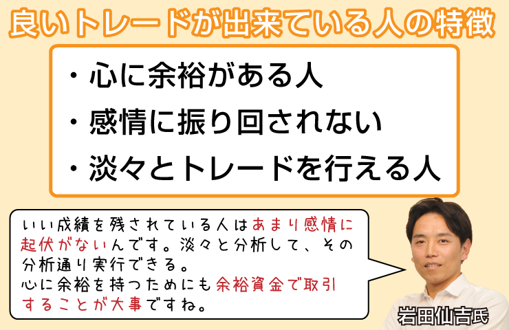 良いトレードが出来ている人の特徴・心に余裕がある人・感情に振り回されない・淡々とトレードを行える人いい成績を残されている人はあまり感情に
起伏がないんです。淡々と分析して、その分析通り実行できる。心に余裕を持つためにも余裕資金で取引することが大事ですね。