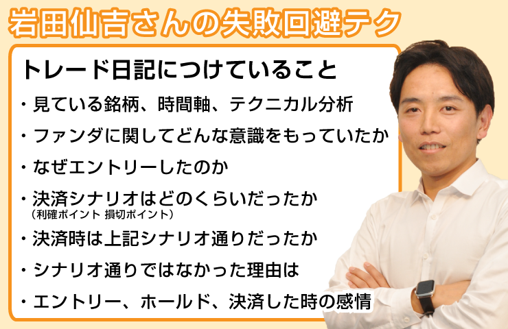 岩田仙吉さんの失敗回避テクトレード日記につけていること・見ている銘柄、時間軸、テクニカル分析・ファンダに関してどんな意識をもっていたか・なぜエントリーしたのか・決済シナリオはどのくらいだったか（利確ポイント 損切ポイント）・決済時は上記シナリオ通りだったか・シナリオ通りではなかった理由は・エントリー、ホールド、決済した時の感情